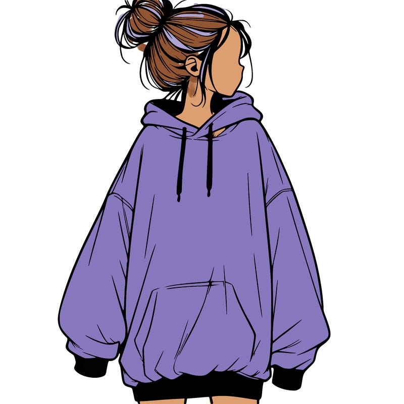 realistic girl with a oversized sweatshirt on and a bun