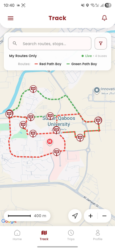 Mwasalat Shuttle - Mapa de rastreo del shuttle en tiempo real con rutas y paradas de autobús para los viajeros del campus