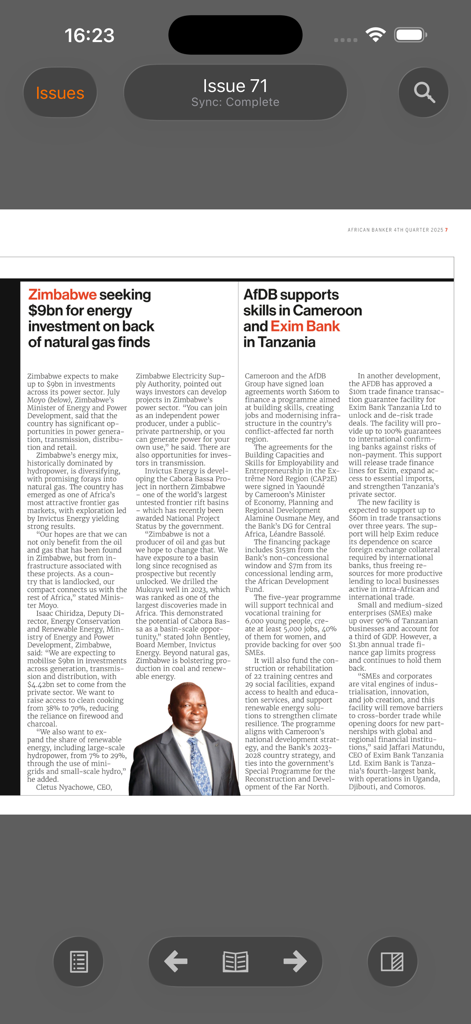 African Banker - Digital magazine article in the African Banker app about financial news in Zimbabwe and Cameroon
