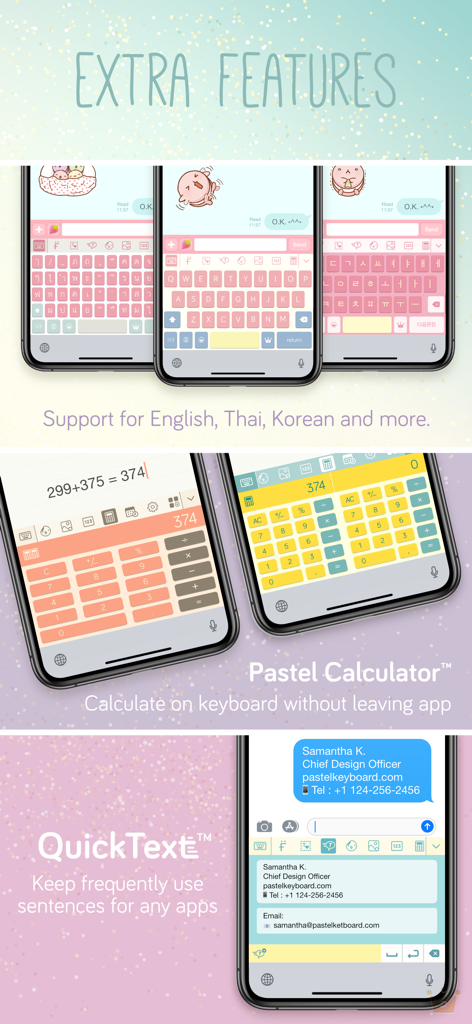 Pastel Keyboard Themes Color - A graphic showing extra features of the Pastel Keyboard app including support for multiple languages an integrated calculator and the QuickText feature for saved sentences.