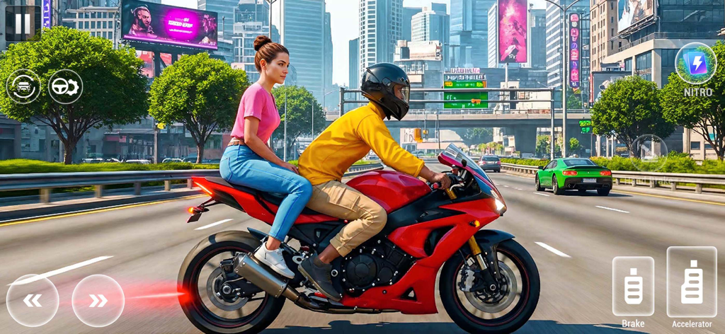 Captura de pantalla del juego de una moto deportiva roja con dos pilotos en una autopista urbana concurrida con rascacielos altos y controles del juego.