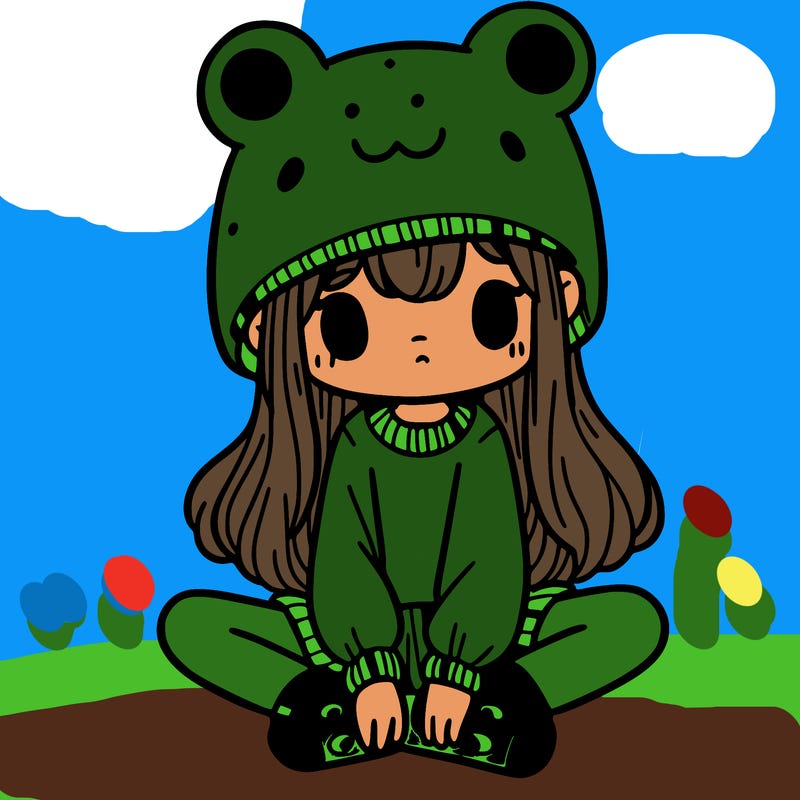 a girl wearing a frog hat and some frog socks