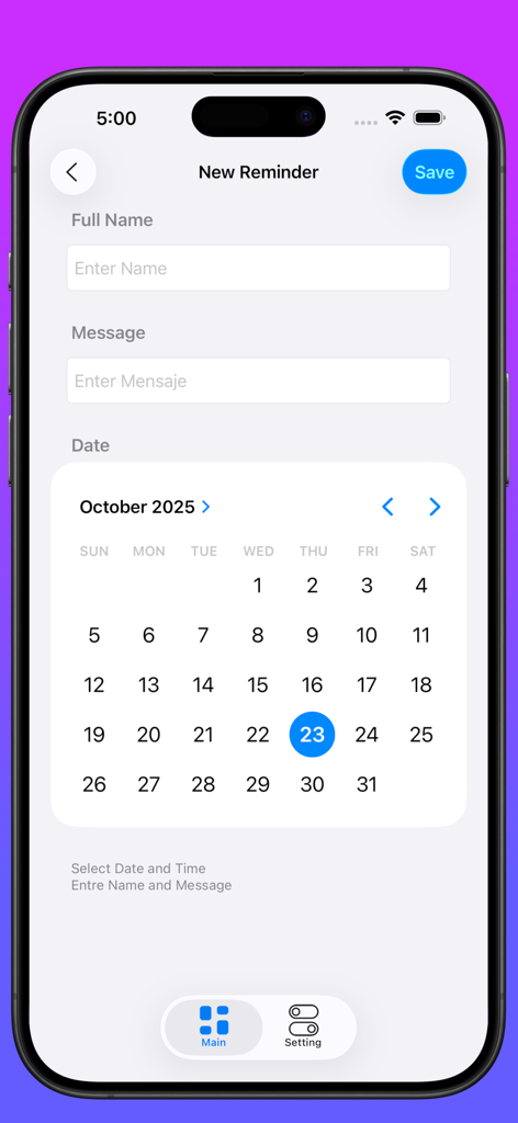 Oberfläche der Dual Messenger App, die einen Bildschirm zur Erstellung einer neuen Erinnerung mit einer Monatskalenderansicht zur Planung von Social-Media-Nachrichten zeigt.