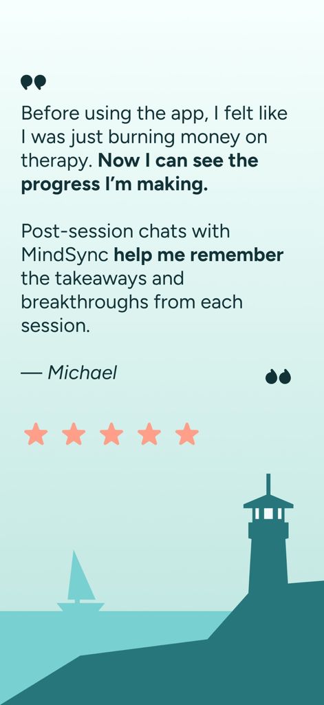 A five star user review for MindSync app with a testimonial from Michael about tracking therapy progress and remembering session breakthroughs.