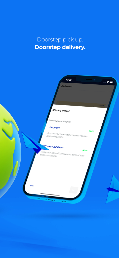 Topship - Interfaccia dell'app mobile Topship che mostra la selezione del metodo di spedizione con opzioni per il ritiro gratuito o la consegna a domicilio.