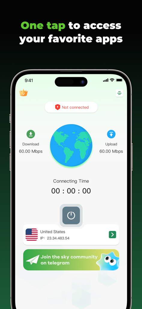 Interfaccia dell'app mobile PaperFly VPN che mostra una schermata di connessione con un solo tocco con un server degli Stati Uniti selezionato.