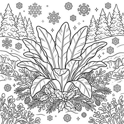 Discover the serene beauty of a Bird's Nest Fern nestled in a magical winter wonderland. This unique coloring page offers a delightful escape into a frosted natural scene, perfect for all ages.