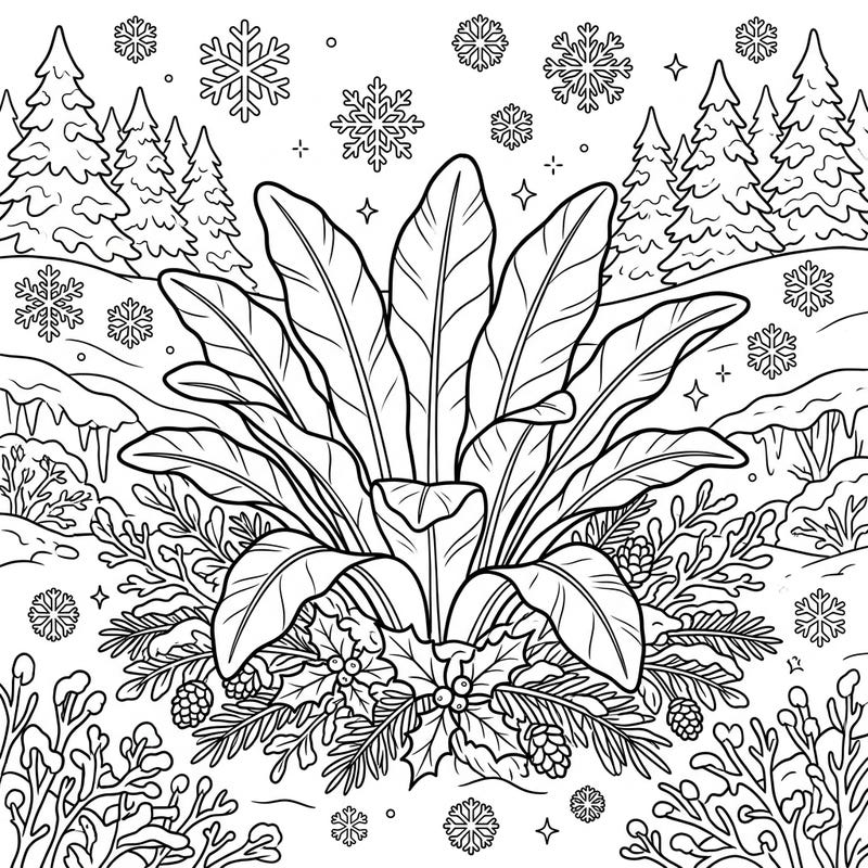 Discover the serene beauty of a Bird's Nest Fern nestled in a magical winter wonderland. This unique coloring page offers a delightful escape into a frosted natural scene, perfect for all ages.