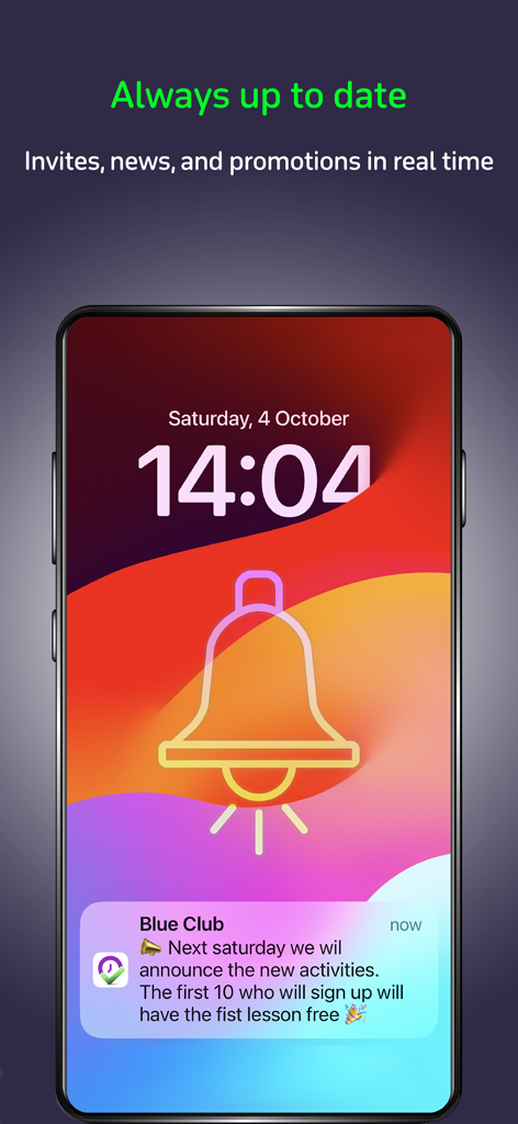 BookyWay - Smartphone showing a real-time push notification from the BookyWay app for club updates and promotions.