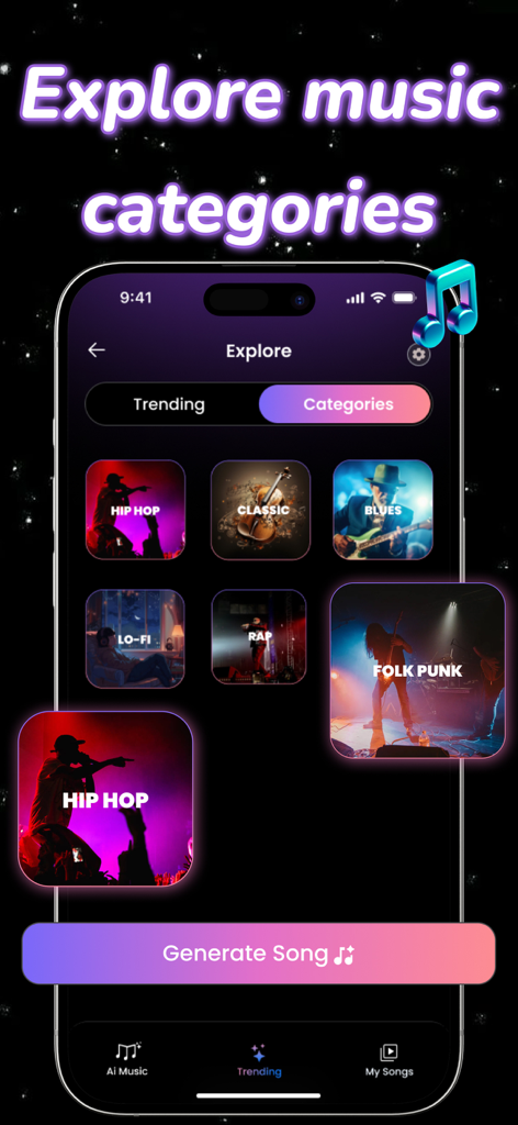 AI Song Generator ~ AI Music - MakeMusic app screen showing a variety of music categories like Hip Hop, Classic, and Blues for AI generation.