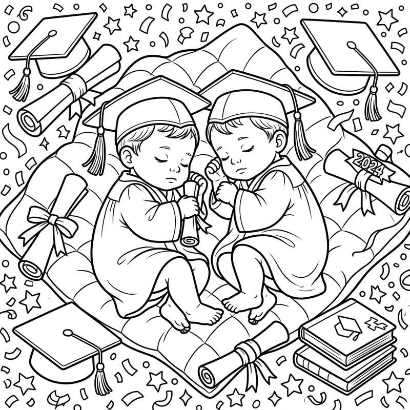 Discover a heartwarming scene of two adorable sleeping babies, dressed in their tiny graduation caps and gowns. This unique coloring page beautifully blends the innocence of infancy with the joy of a future achievement.
