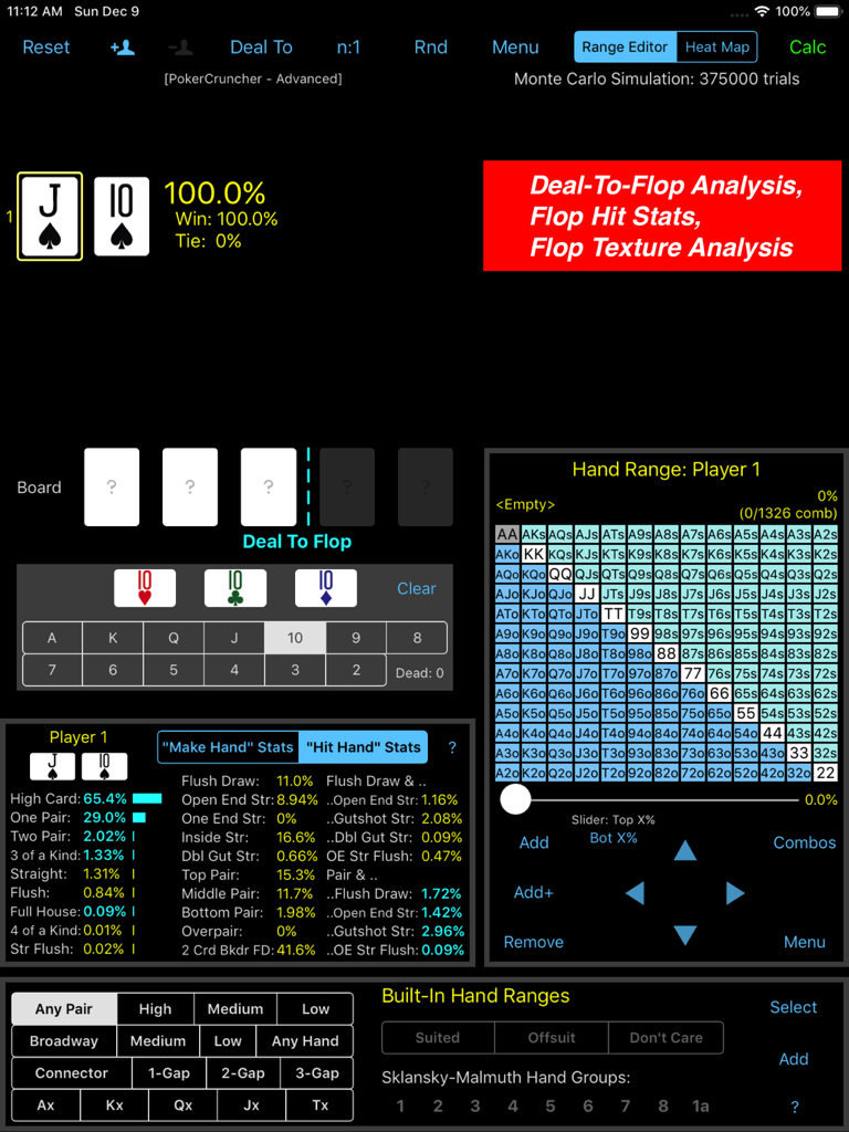 PokerCruncher for iPad - Adv - Advanced poker hand range and equity analysis interface on PokerCruncher for iPad