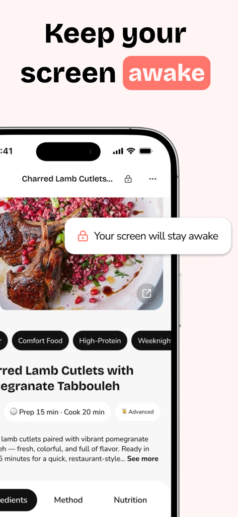 Mobile interface of the Recipy app showing a lamb recipe and a notification that the screen will stay awake while cooking.