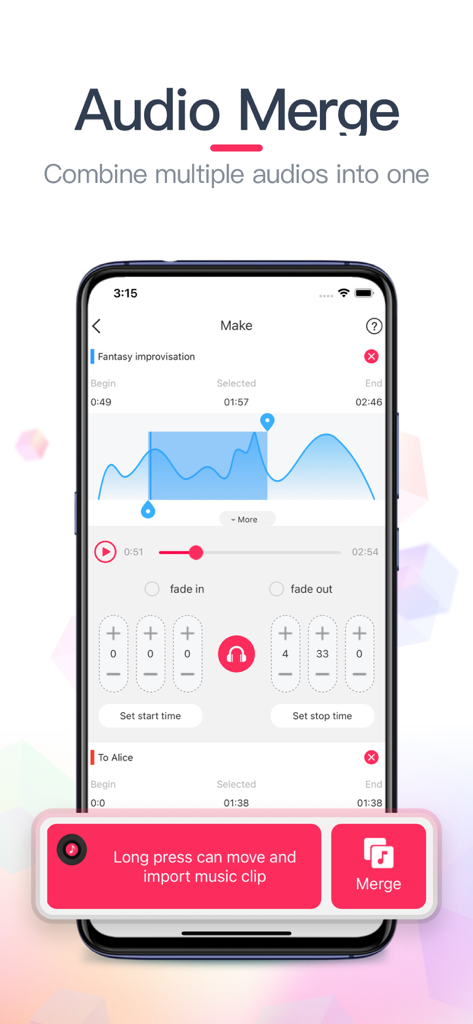 Audio Editor and Music Mixer app interface for merging multiple audio files