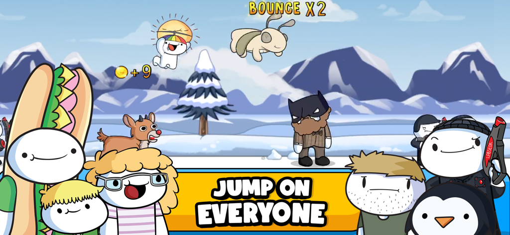 TheOdd1sOut: Let's Bounce - TheOdd1sOut characters in a snowy landscape with the text Jump on Everyone