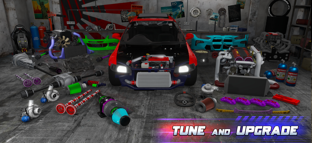 Red car surrounded by performance engine parts and tuning components in a garage