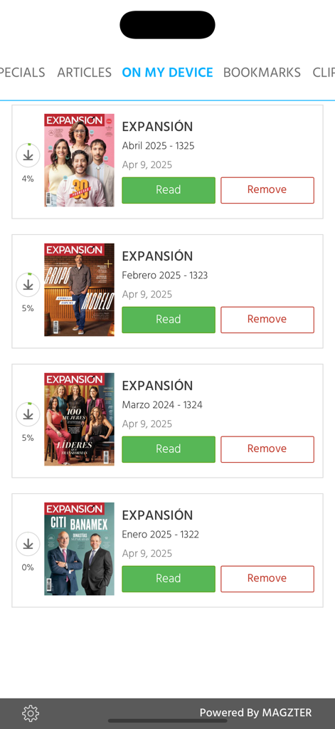 Library section of the Revista Expansion app featuring a list of downloaded business magazines.