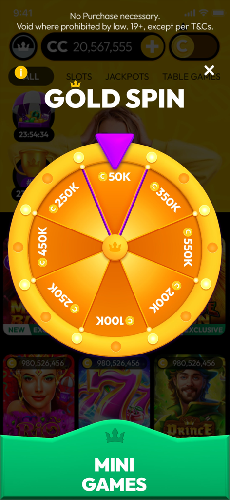 CrownCoins Casino Gold Spin prize wheel mini game