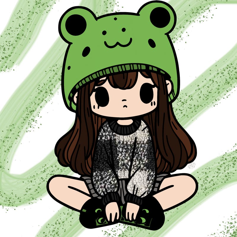 a girl wearing a frog hat and some frog socks