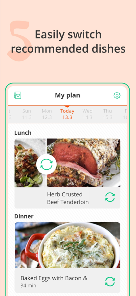 Keto Recipes & Meal Plans - Pantalla de la aplicación Keto Recipes que muestra un plan de comidas diario con botones para cambiar los platos recomendados.