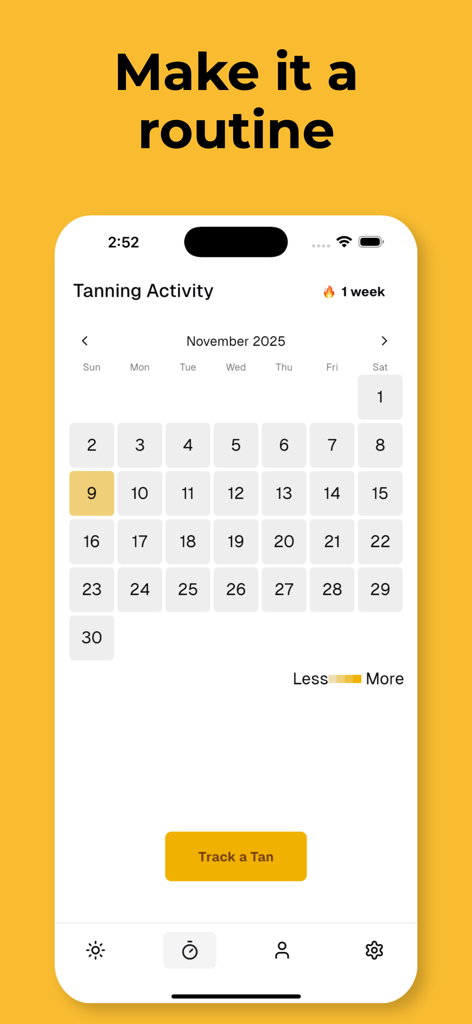 UV Tan: Tanning & Sun Tracker - Tanning activity tracker calendar view in UV Tan app