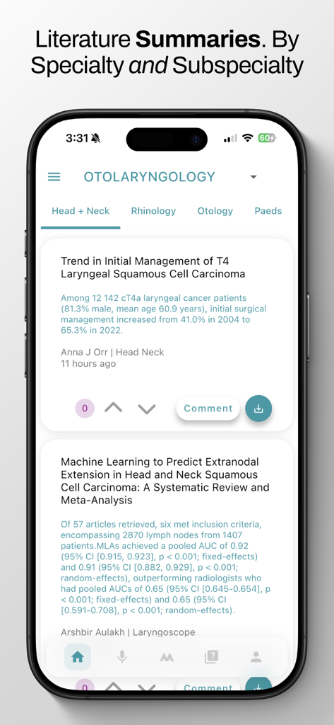 medr app interface displaying medical literature summaries by specialty