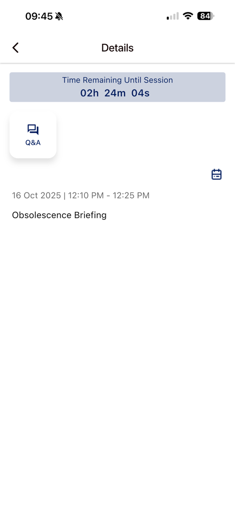 Details of an upcoming event session in the Airbus Events app with a countdown timer and Q&A feature