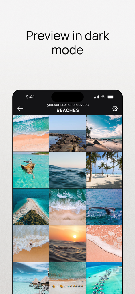 Aesthetic Instagram feed preview in dark mode showing a beach photography grid