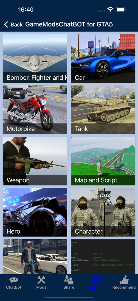 Screenshot of the GTA 5 mods app showing a grid of categories including cars, motorbikes, weapons, and maps.