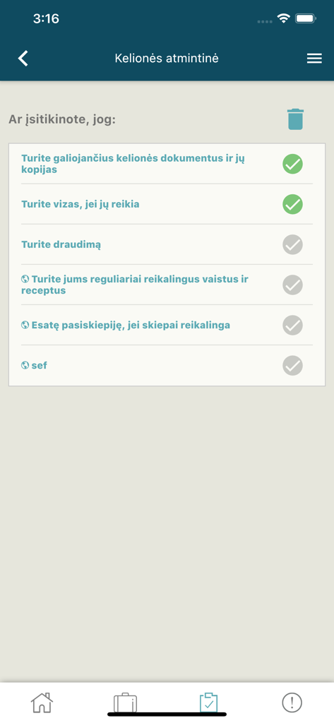 Keliauk saugiai モバイルアプリ内の旅行準備チェックリスト。書類とビザの確認が含まれています。