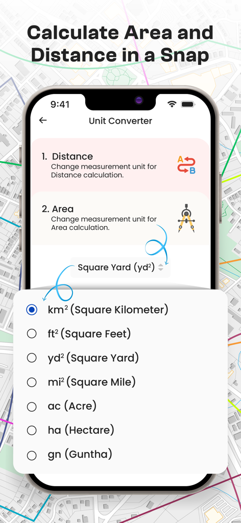 GPS Fields Area Measure on Map - Interface do aplicativo GPS Fields Area Measure mostrando uma lista de unidades de medição de área, incluindo pés quadrados e acres