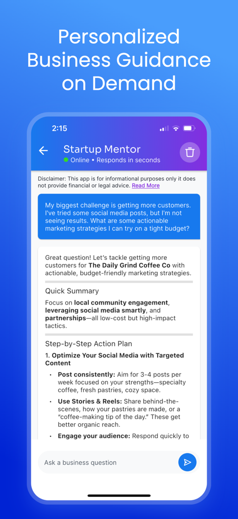 Un'interfaccia mobile che mostra l'app Startup AI che fornisce strategie di marketing personalizzate e consulenza aziendale tramite una sessione di chat.