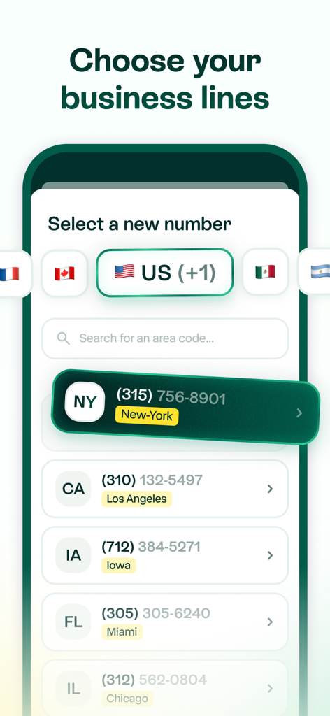 Una interfaz de pantalla móvil para seleccionar un nuevo número de teléfono empresarial con códigos de área locales de EE. UU.