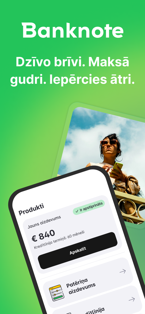 Banknote - Banknote mobile app interface displaying a consumer loan offer of 840 euros