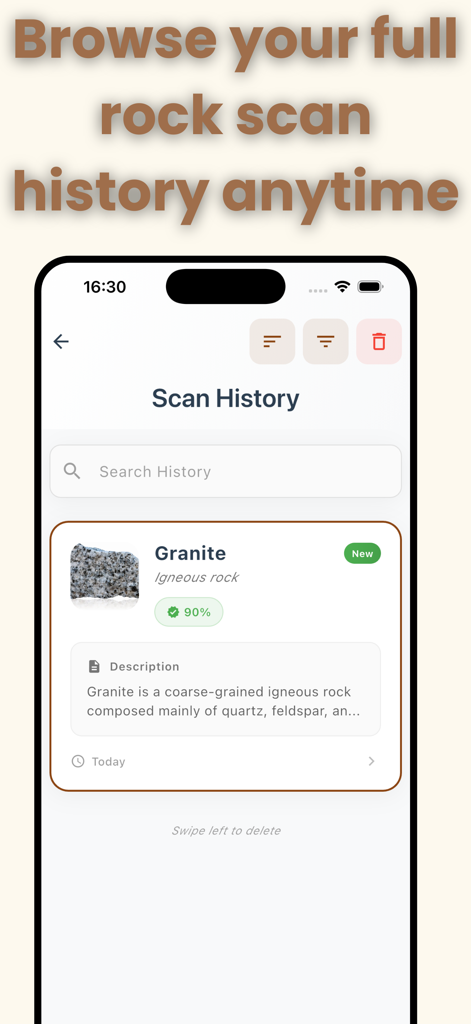 Rock Identifier: AI Scan - Pantalla de la aplicación mostrando el historial de escaneo de rocas identificadas como granito con descripciones