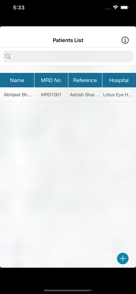 MII Ret Cam Pro-Patient Pofile - Patientenlisten-Dashboard in der MII Ret Cam Pro Medizin-App mit Patientendatensätzen und Suchfunktion.