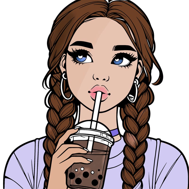 realistic girl with braided hair drinking boba