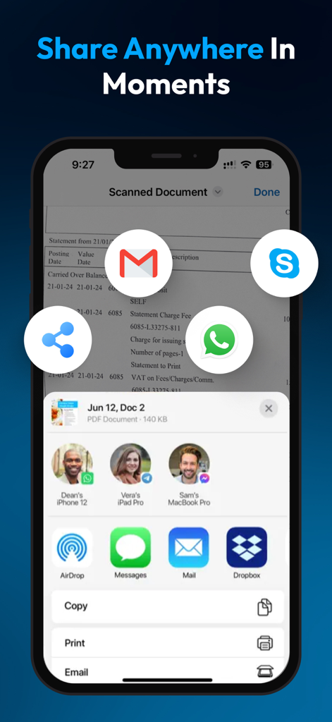 PDF Scanner : File Manager - Pantalla de smartphone que muestra opciones para compartir documentos con varios iconos de aplicaciones, incluyendo Gmail, WhatsApp y Dropbox.