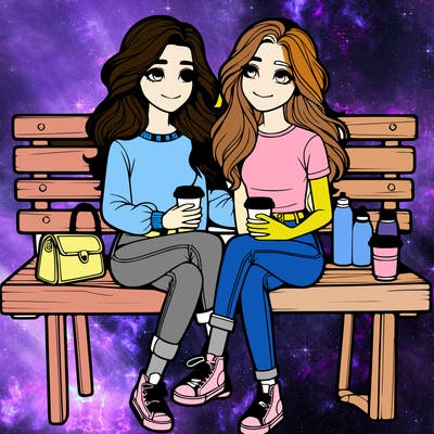 two realistic girls sitting together on a bench with coffee