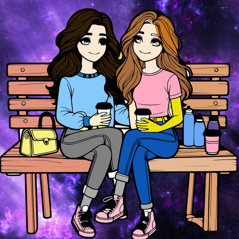 two realistic girls sitting together on a bench with coffee