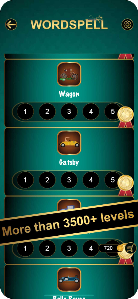 Level selection screen in the Word Spell app showing themed categories and over 3500 levels.