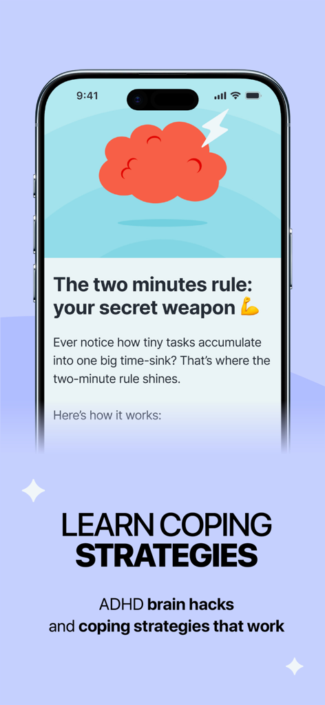 Inflow - Manage Your ADHD - Schermata dell'app Inflow che presenta la regola dei due minuti come strategia di coping per la gestione dell'ADHD.
