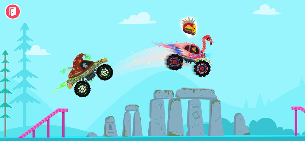 Two colorful monster trucks jumping over stone monuments in a kids racing game