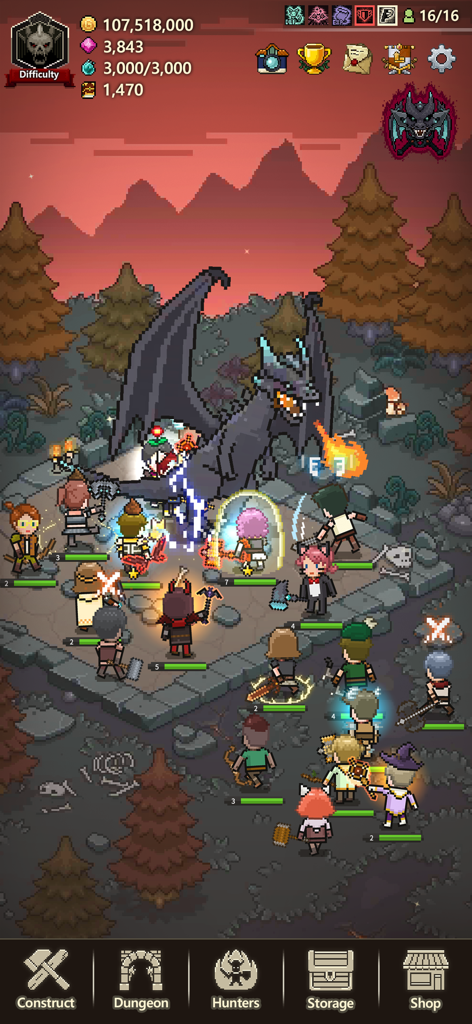 Evil Hunter Tycoon - Pixel art hunters attacking a giant black dragon during a boss raid in a forest environment