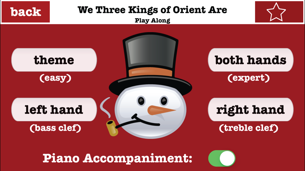 Christmas Piano with Songs - Difficulty selection screen for the song We Three Kings of Orient Are featuring a festive snowman and hand practice options