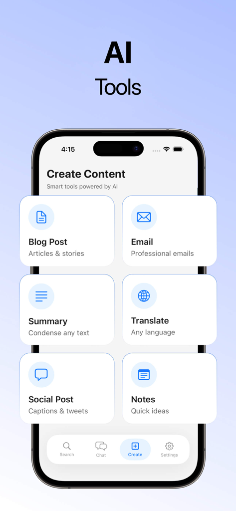 Seekee AI - Search & Assistant - Interfaz de la aplicación Seekee AI que muestra un menú de herramientas de creación de contenido como publicaciones de blog, correos electrónicos profesionales y resúmenes de texto.