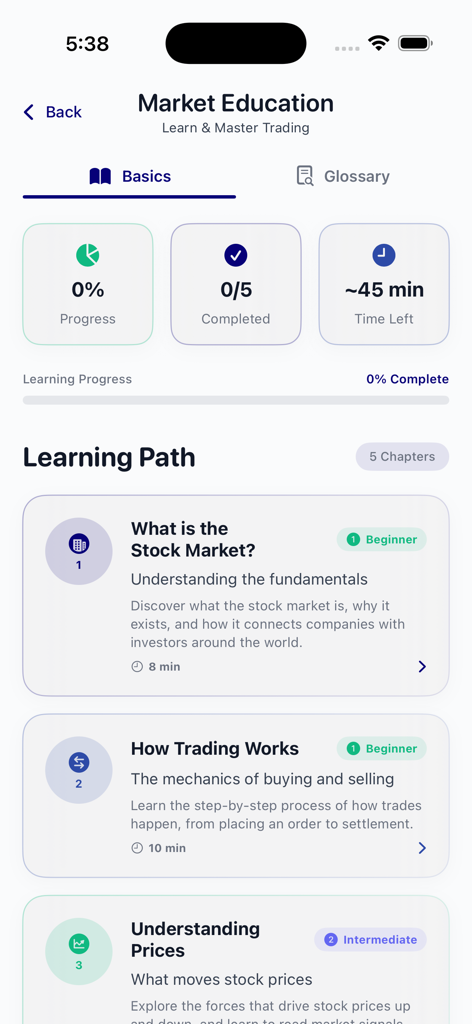 Sigmix - The market education screen of the Sigmix app featuring a learning path with modules on stock market fundamentals and trading mechanics.