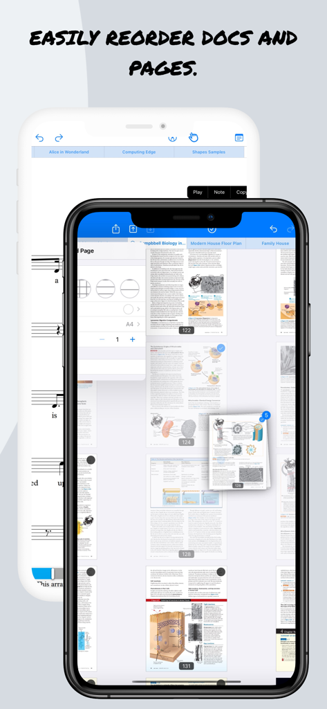 iPhone上のGood PDF Notebookアプリ。ドキュメントページの並べ替えを行うインターフェイス。