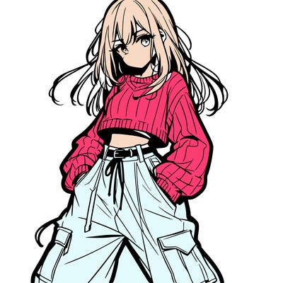 anime teen girl with baggy pants and crop top with sweater