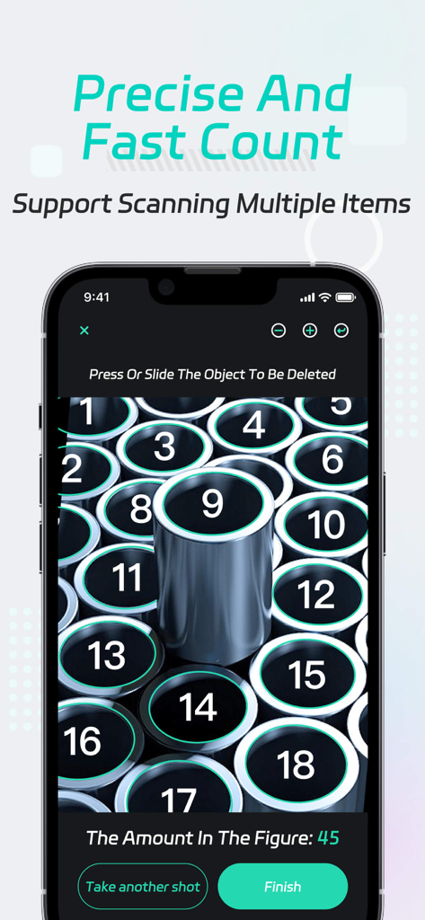 SmartScanner app interface showing AI-powered automatic counting of industrial metal pipes with numbered overlays.